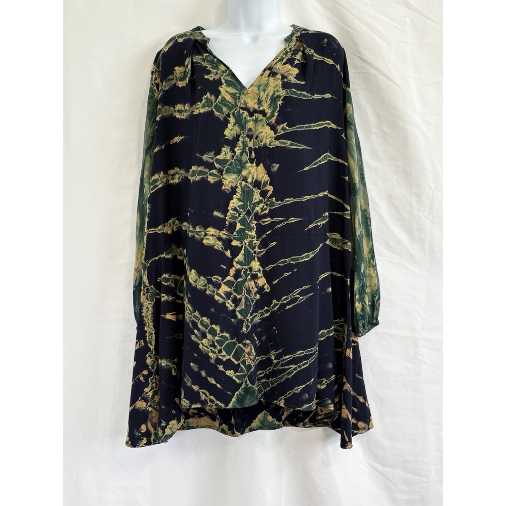 Tina Jo‎ Boho Tie Dye Long Sleeve V-Neck Shirt Dress XS Navy Green Yellow  Tunic